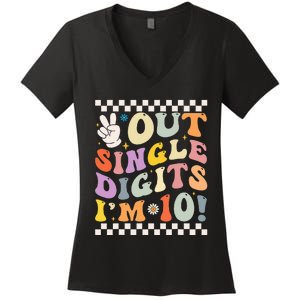 Peace Out Single Digits Retro Groovy 0th Birthday Women's V-Neck T-Shirt