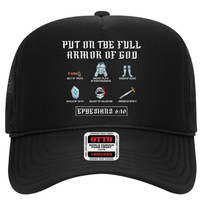 Put On The Full Armor Of God Funny Saying Christian High Crown Mesh Back Trucker Hat