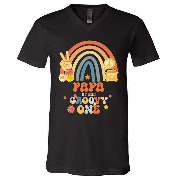 Papa of the Groovy One Rainbow Boho Birthday Party V-Neck T-Shirt