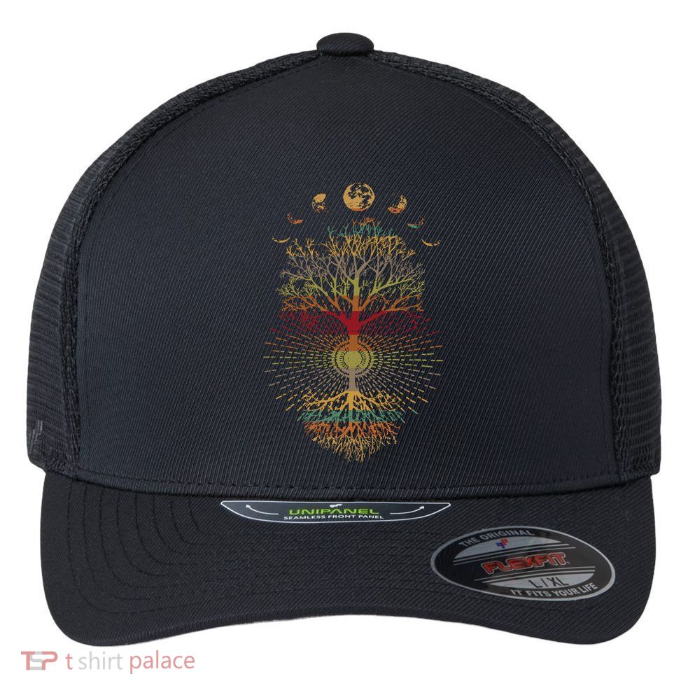 Phases of the Moon Retro 60's 70's Vibe Tree of Life Flexfit Unipanel Trucker Cap