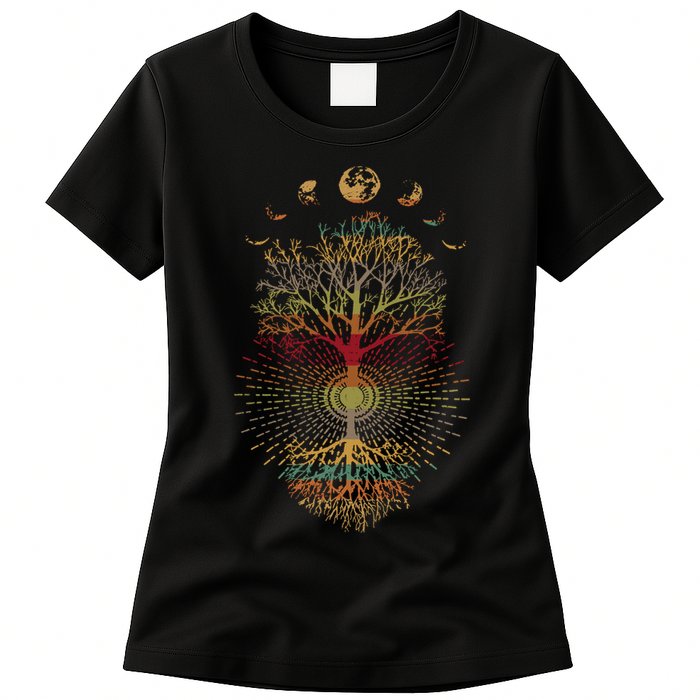 Phases of the Moon Retro 60's 70's Vibe Tree of Life Womens T-Shirt
