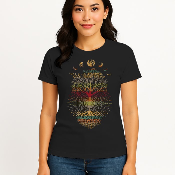 Phases of the Moon Retro 60's 70's Vibe Tree of Life Womens T-Shirt