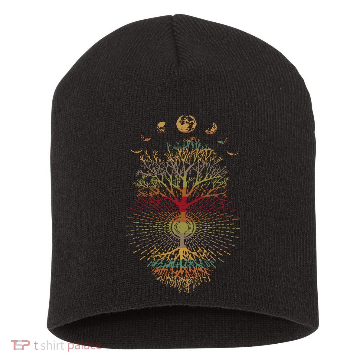 Phases of the Moon Retro 60's 70's Vibe Tree of Life Short Acrylic Beanie