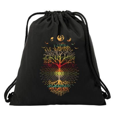 Phases Of The Moon Retro 60s 70s Vibe Tree Of Life Drawstring Bag