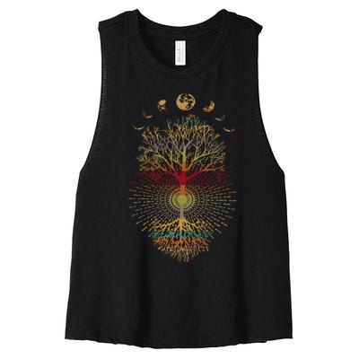 Phases Of The Moon Retro 60S 70S Vibe Tree Of Life Women's Racerback Cropped Tank