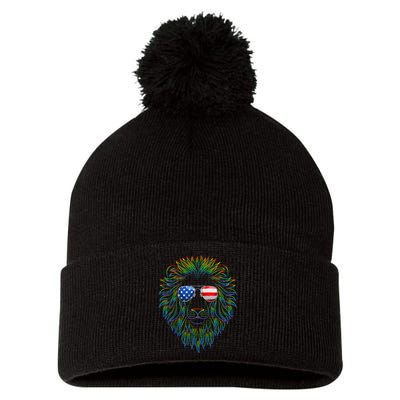 Pride of the United state Lion with USA Sunglasses Pom Pom 12in Knit Beanie