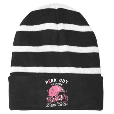 Pin.K Out Tackle Breast Cancer Awareness American Football Striped Beanie with Solid Band