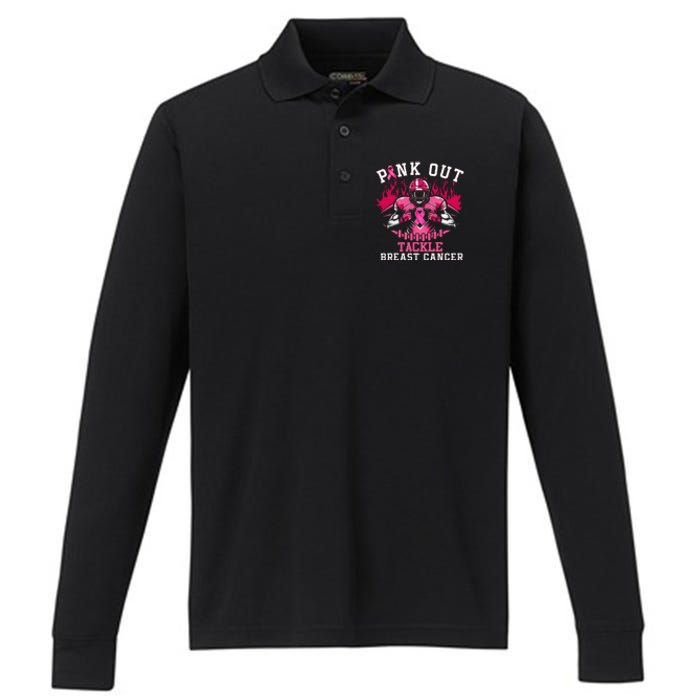 Pin.K Out Tackle Breast Cancer Awareness Football Pin.K Ribbon Performance Long Sleeve Polo