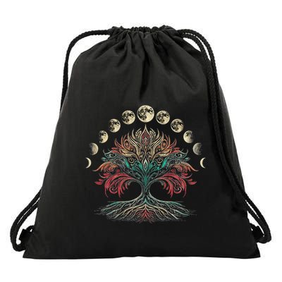 Phases Of The Moon Retro 60S And 70S Vibe Tree Drawstring Bag
