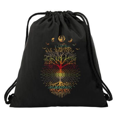 Phases Of The Moon Retro 60S 70S Vibe Tree Of Life Drawstring Bag