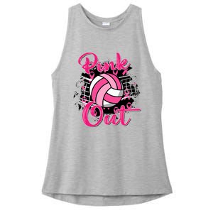 Pink_ Out Volleyball Pink_ Ribbon Breast Cancer Awareness Ladies PosiCharge Tri-Blend Wicking Tank