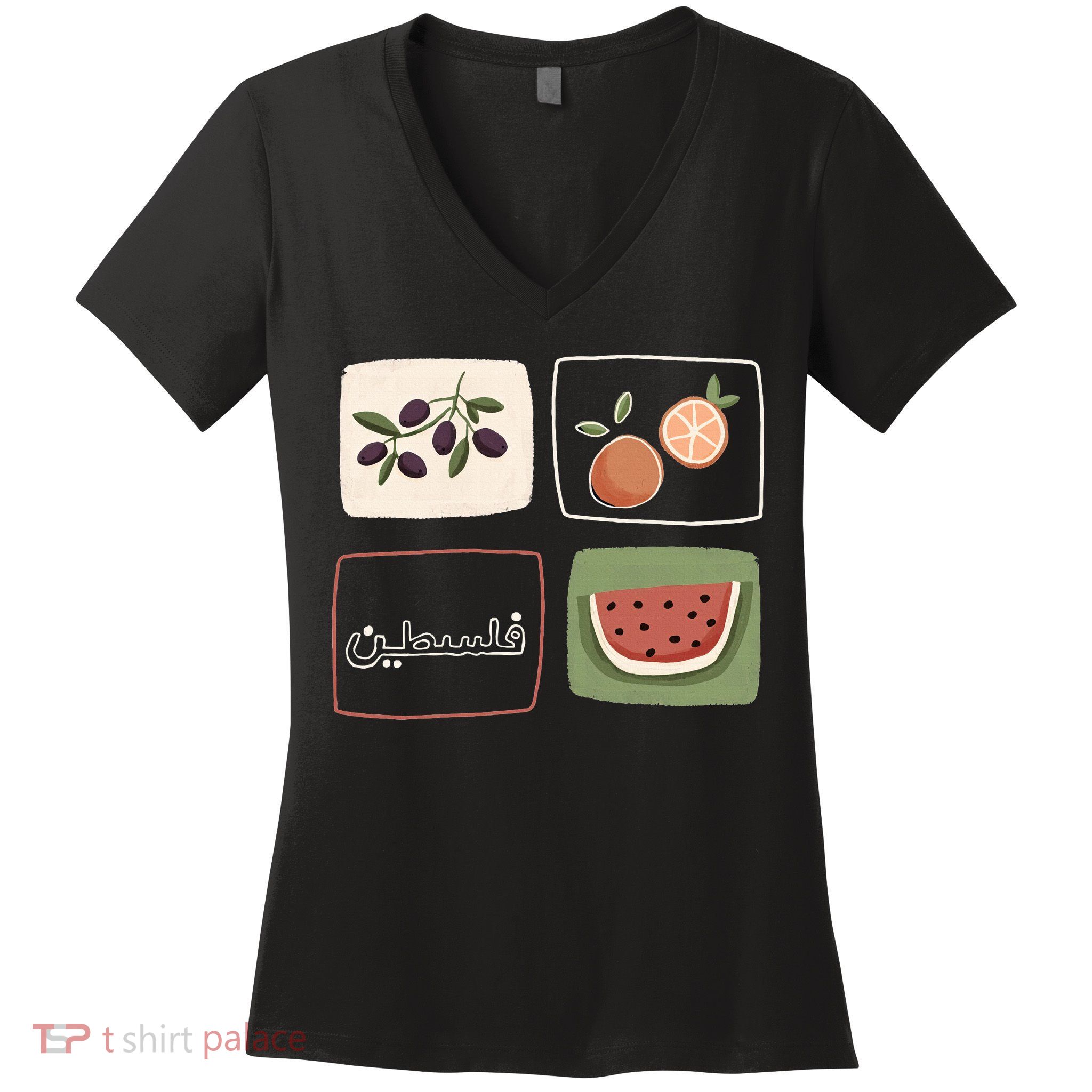 Palestine Olives Watermelon Orange Falasteen Palestinian Women's V-Neck T-Shirt