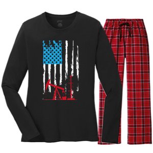 Patriotic Oilfield Worker Oilman Oil Rig Drilling US Flag Women's Long Sleeve Flannel Pajama Set 