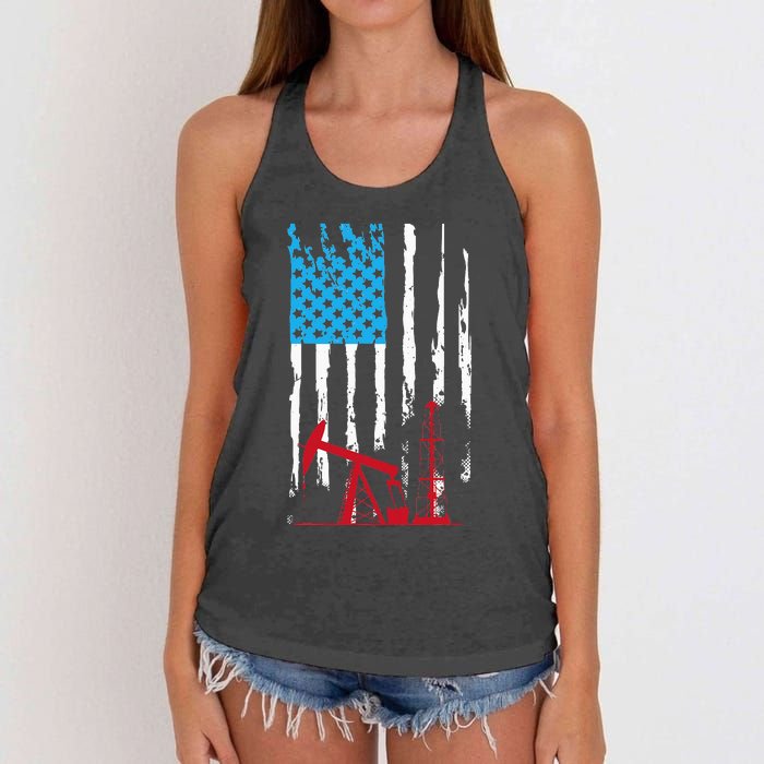 Patriotic Oilfield Worker Oilman Oil Rig Drilling US Flag Women's Knotted Racerback Tank