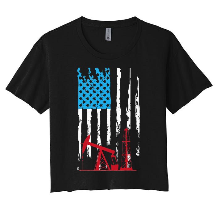 Patriotic Oilfield Worker Oilman Oil Rig Drilling US Flag Women's Crop Top Tee