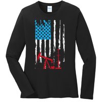 Patriotic Oilfield Worker Oilman Oil Rig Drilling US Flag Ladies Long Sleeve Shirt