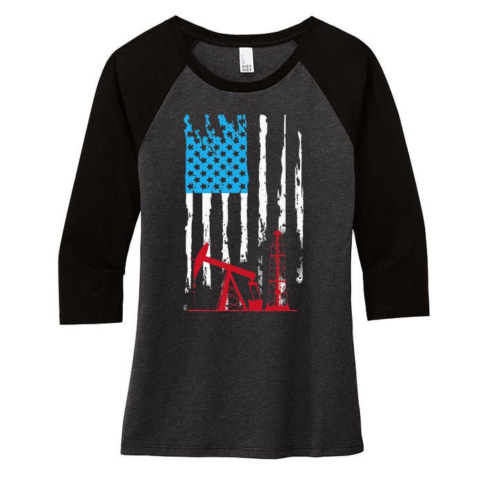 Patriotic Oilfield Worker Oilman Oil Rig Drilling US Flag Women's Tri-Blend 3/4-Sleeve Raglan Shirt