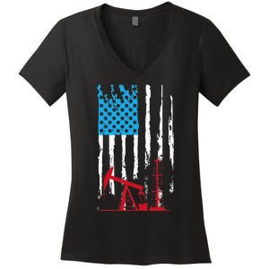 Patriotic Oilfield Worker Oilman Oil Rig Drilling US Flag Women's V-Neck T-Shirt