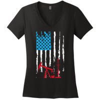 Patriotic Oilfield Worker Oilman Oil Rig Drilling US Flag Women's V-Neck T-Shirt