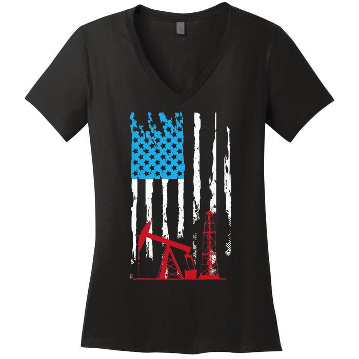 Patriotic Oilfield Worker Oilman Oil Rig Drilling US Flag Women's V-Neck T-Shirt