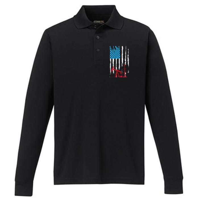 Patriotic Oilfield Worker Oilman Oil Rig Drilling US Flag Performance Long Sleeve Polo