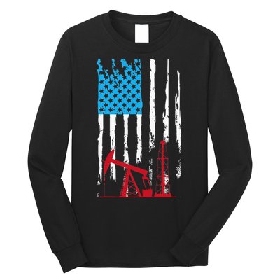 Patriotic Oilfield Worker Oilman Oil Rig Drilling US Flag Long Sleeve Shirt