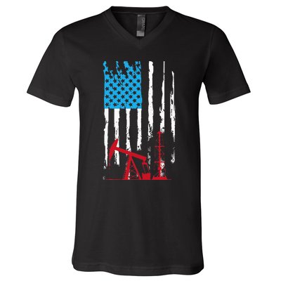 Patriotic Oilfield Worker Oilman Oil Rig Drilling US Flag V-Neck T-Shirt