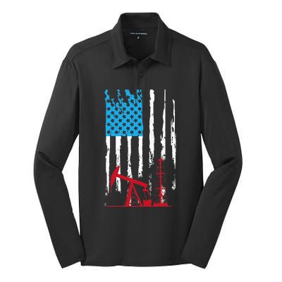 Patriotic Oilfield Worker Oilman Oil Rig Drilling US Flag Silk Touch Performance Long Sleeve Polo