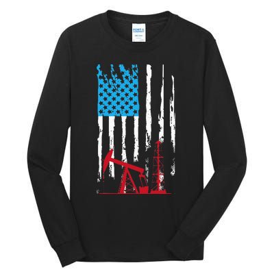 Patriotic Oilfield Worker Oilman Oil Rig Drilling US Flag Tall Long Sleeve T-Shirt