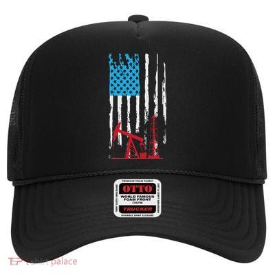 Patriotic Oilfield Worker Oilman Oil Rig Drilling Us Flag High Crown Mesh Back Trucker Hat