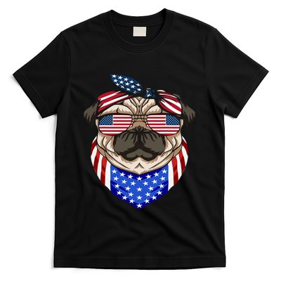 Patriotic Pug 4th Of July Cute Dog American Flag Sunglasses T-Shirt