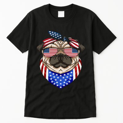 Patriotic Pug 4th Of July Cute Dog American Flag Sunglasses Tall T-Shirt