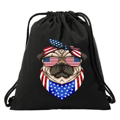 Patriotic Pug 4th Of July Cute Dog American Flag Sunglasses Drawstring Bag