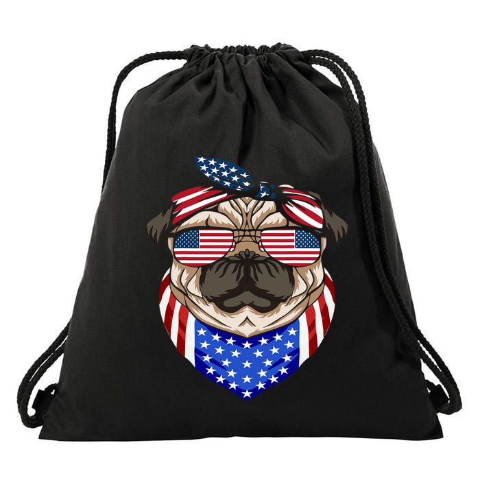 Patriotic Pug 4th Of July Cute Dog American Flag Sunglasses Drawstring Bag