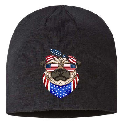 Patriotic Pug 4th Of July Cute Dog American Flag Sunglasses Sustainable Beanie