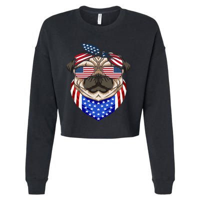 Patriotic Pug 4th Of July Cute Dog American Flag Sunglasses Cropped Pullover Crew