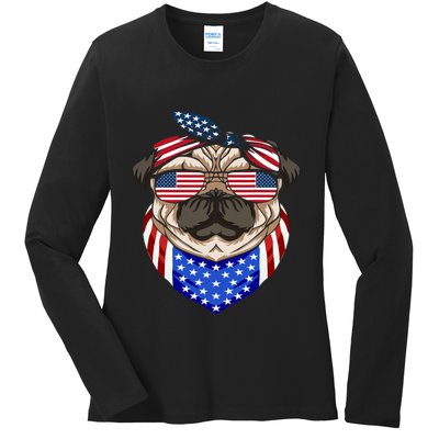 Patriotic Pug 4th Of July Cute Dog American Flag Sunglasses Ladies Long Sleeve Shirt