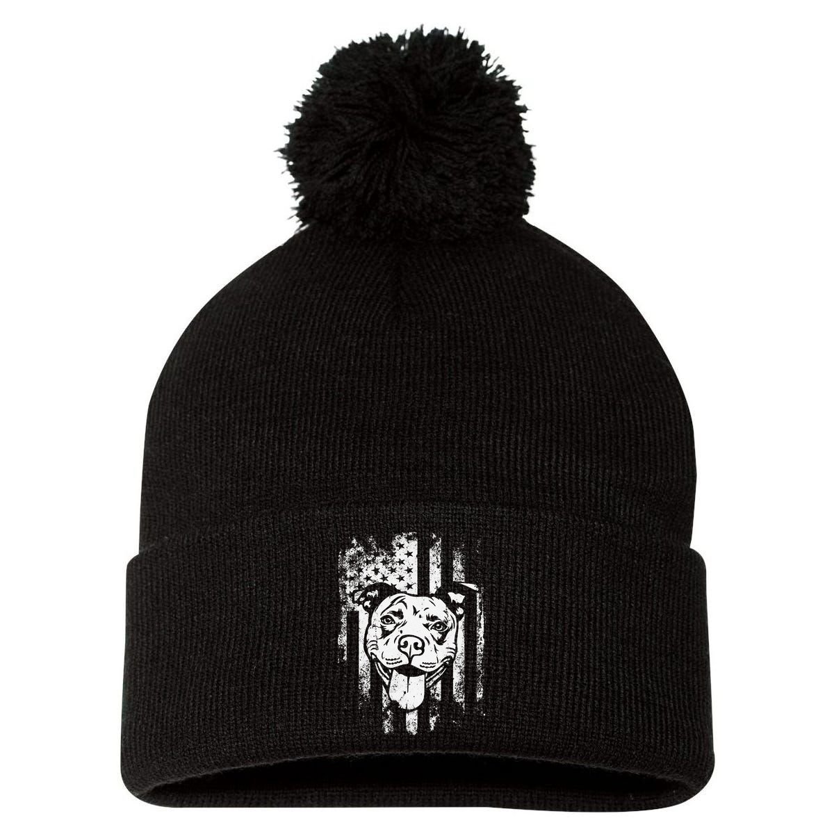 Patriotic Pitbull American Flag Dog Lover Pom Pom 12in Knit Beanie