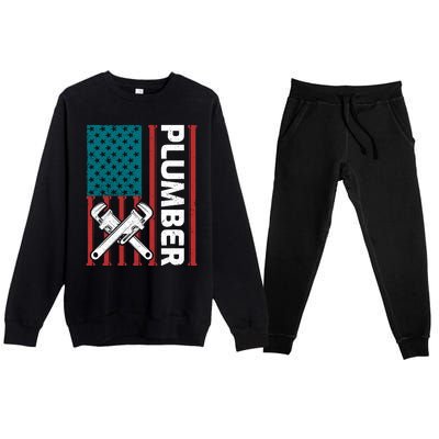 Plumber Patriotic American Flag Funny Plumber Premium Crewneck Sweatsuit Set