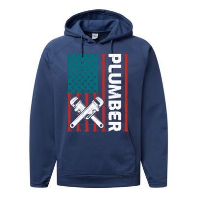 Plumber Patriotic American Flag Funny Plumber Performance Fleece Hoodie