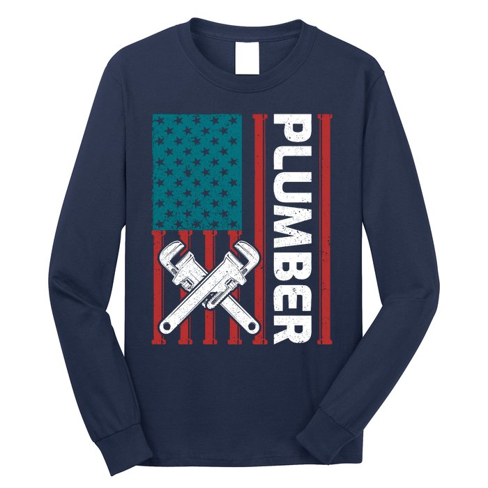 Plumber Patriotic American Flag Funny Plumber Long Sleeve Shirt