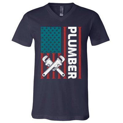 Plumber Patriotic American Flag Funny Plumber V-Neck T-Shirt