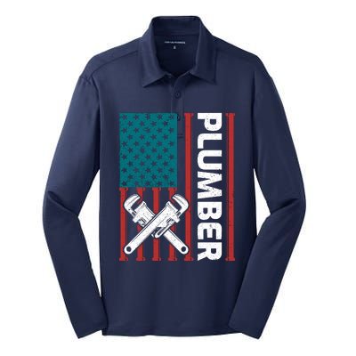 Plumber Patriotic American Flag Funny Plumber Silk Touch Performance Long Sleeve Polo