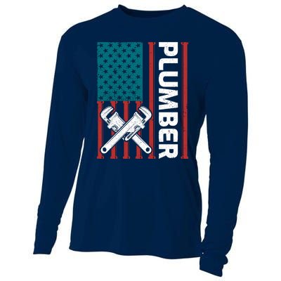 Plumber Patriotic American Flag Funny Plumber Cooling Performance Long Sleeve Crew