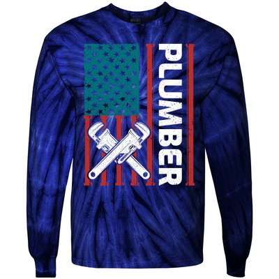 Plumber Patriotic American Flag Funny Plumber Tie-Dye Long Sleeve Shirt