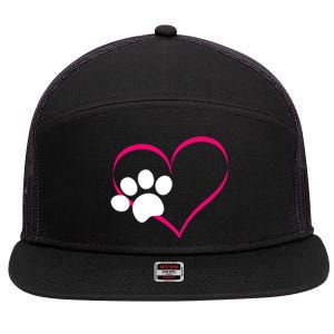 Paw Print And Heart Dog Lovers And Dog Mamas Fur Mom Gift 7 Panel Mesh Trucker Snapback Hat