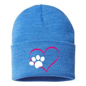 Paw Print And Heart Dog Lovers And Dog Mamas Fur Mom Gift Sustainable Knit Beanie