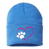 Paw Print And Heart Dog Lovers And Dog Mamas Fur Mom Gift Sustainable Knit Beanie