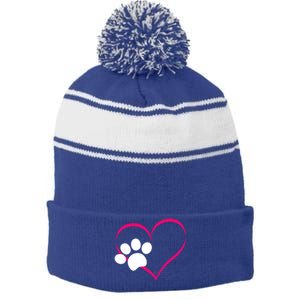 Paw Print And Heart Dog Lovers And Dog Mamas Fur Mom Gift Stripe Pom Pom Beanie