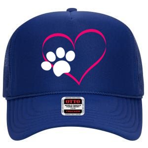 Paw Print And Heart Dog Lovers And Dog Mamas Fur Mom Gift High Crown Mesh Back Trucker Hat